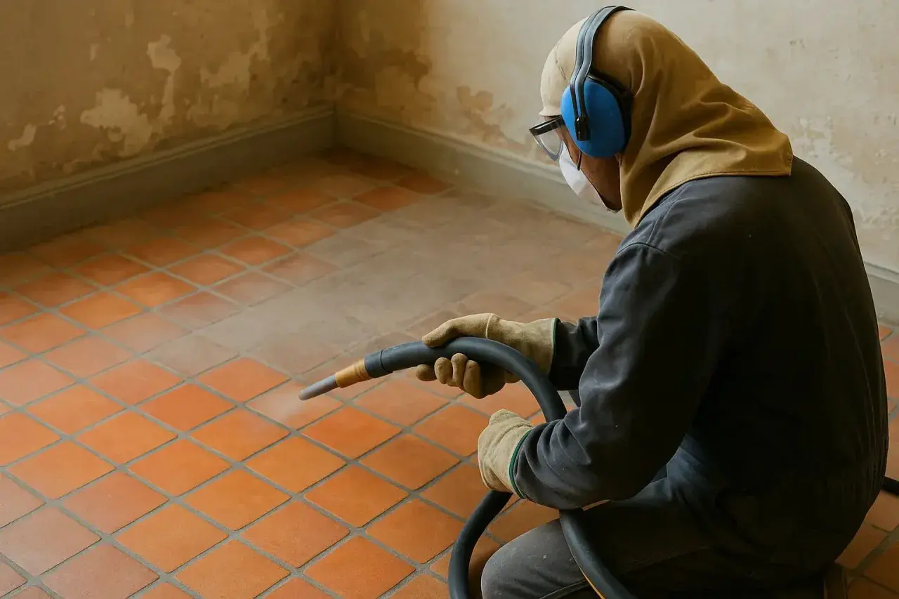 Un ouvrier équipé utilise un appareil pour enlever la laitance du carrelage, révélant sa couleur d'origine.