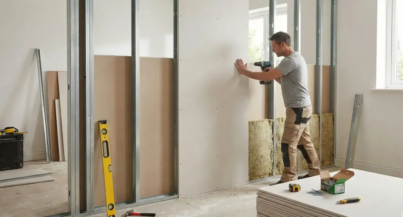 Un homme utilise une perceuse pour monter une cloison en placo sur une structure métallique. Des matériaux de construction sont visibles.