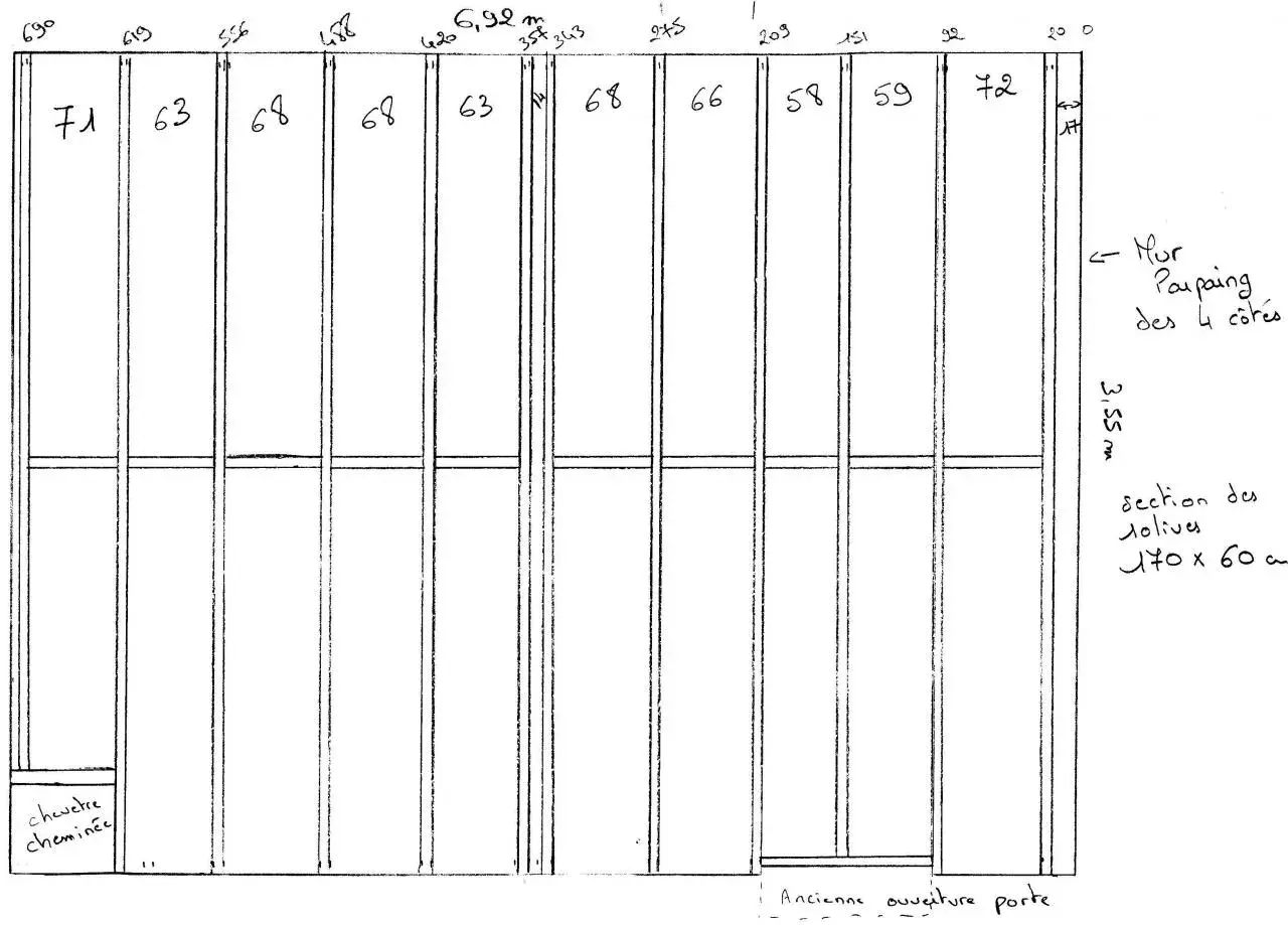 Schéma de calcul solivage plancher bois. Vue en coupe des solives numérotées (71, 63, 68, etc.) et des dimensions.