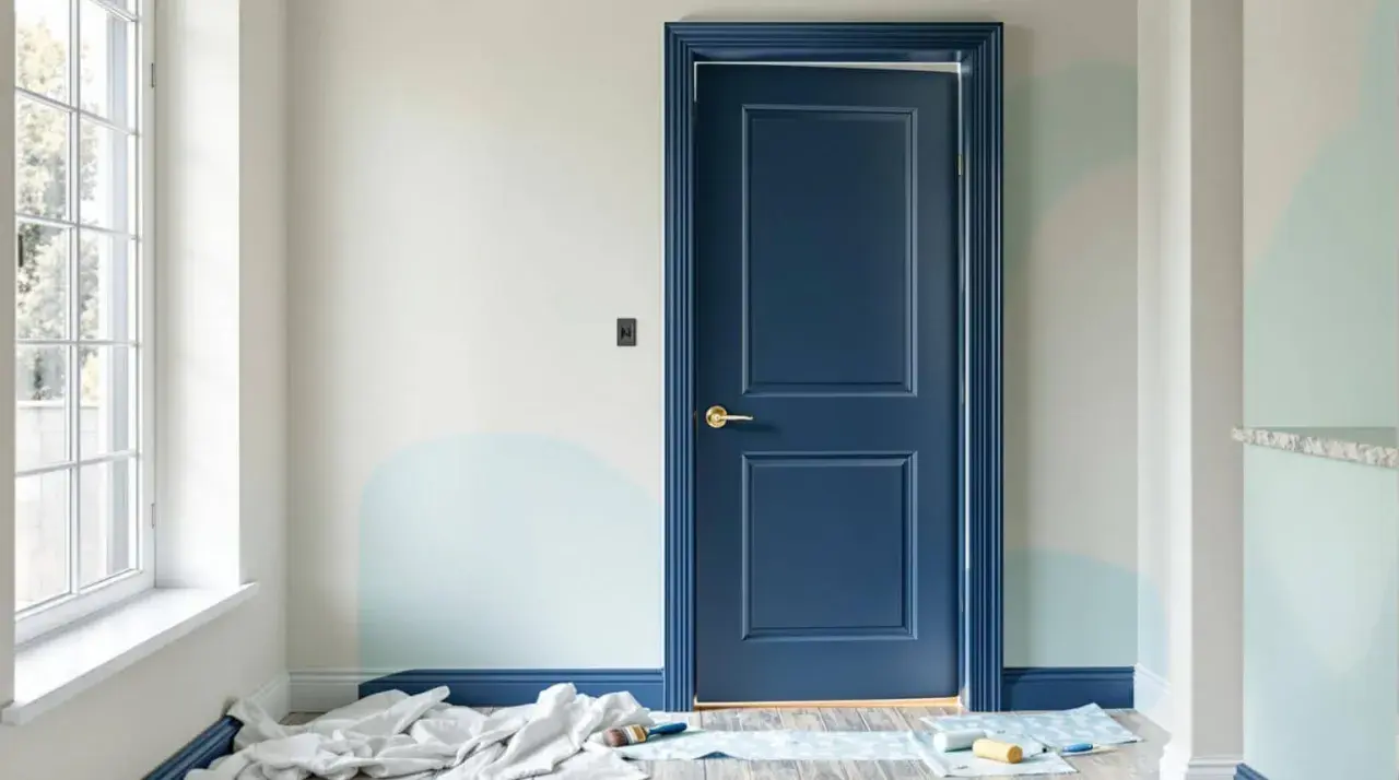 Une porte bleu marine, relookée avec des moulures, est prête pour une nouvelle vie. Des rouleaux et pinceaux au sol indiquent un projet de décoration en cours.