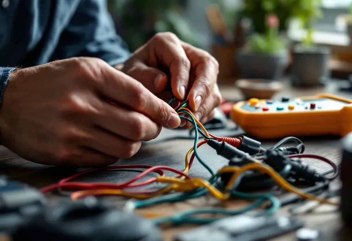 Mains de technicien travaillant sur le branchement interphone, fils colorés et multimètre en arrière-plan.