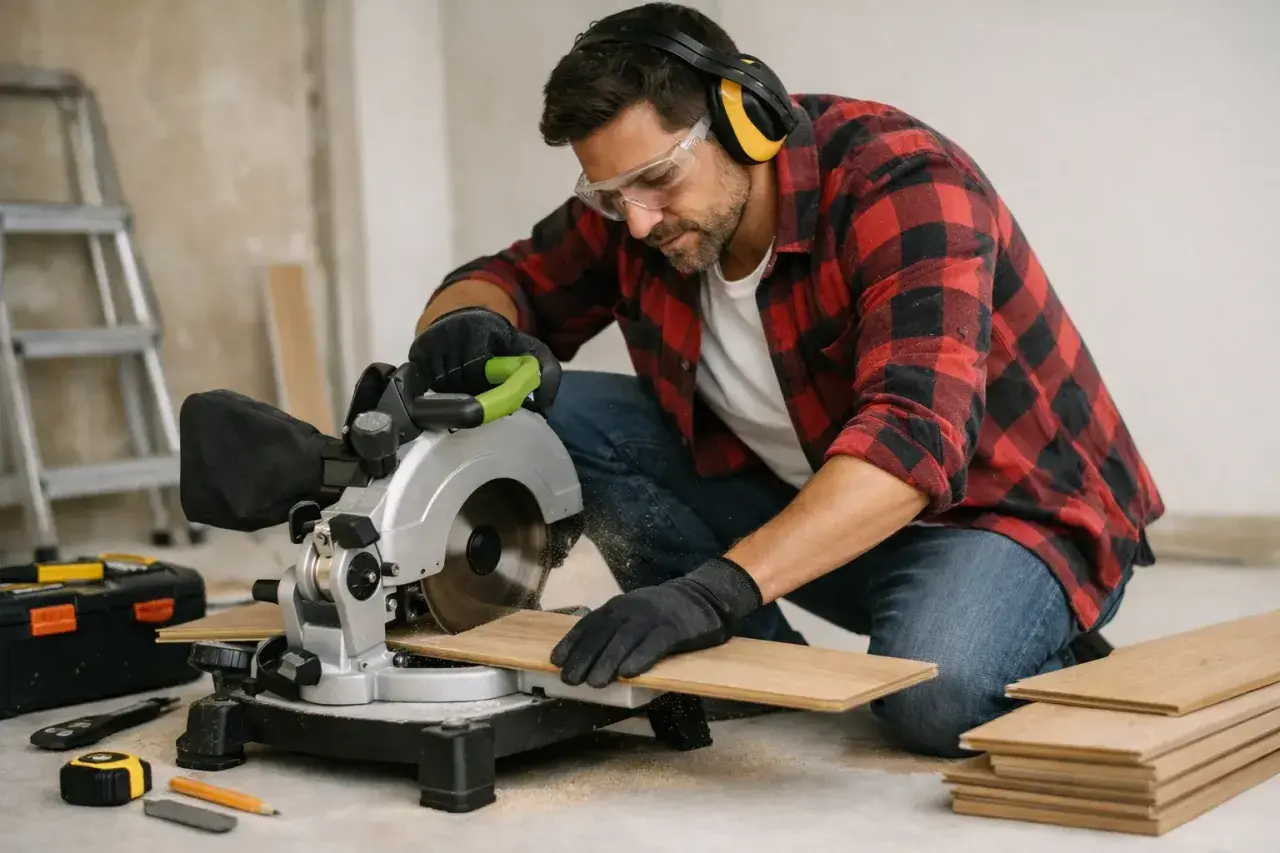 Homme en chemise à carreaux, lunettes et casque, effectuant une découpe parquet avec une scie circulaire.