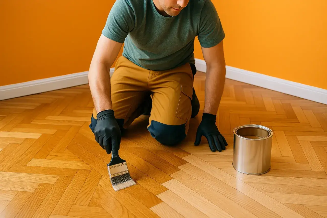 Un homme agenouillé applique un vernis sur un parquet en chevrons, début de la rénovation parquet.