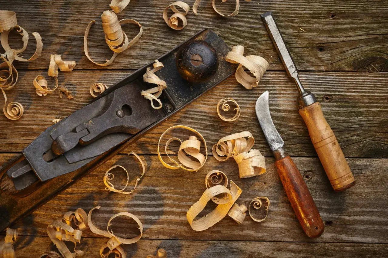 Un rabot, un ciseau et un couteau à bois, outils pour travailler le bois à la main, entourés de copeaux sur un établi rustique.