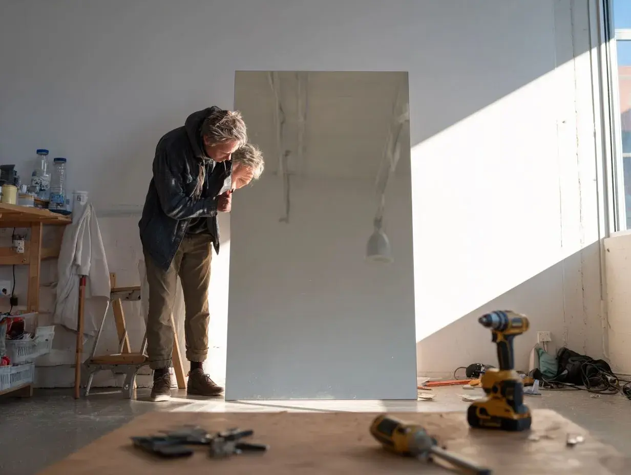 Un homme se penche pour accrocher un miroir au mur dans son atelier. Des outils sont posés au sol.