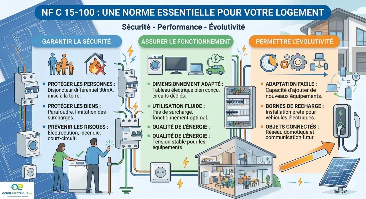 Schéma illustrant la norme NF C 15-100 pour un logement, couvrant sécurité, fonctionnement et évolutivité, avec un focus sur le type de prise et les équipements modernes.