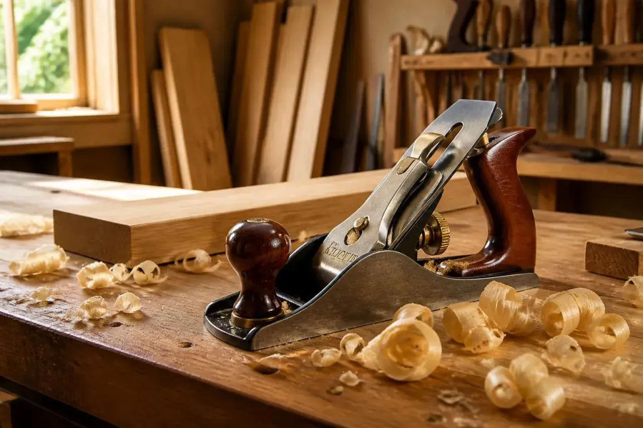 Un rabot en bois, un outil ébéniste essentiel, repose sur un établi couvert de copeaux. Des planches de bois et des ciseaux sont visibles en arrière-plan.