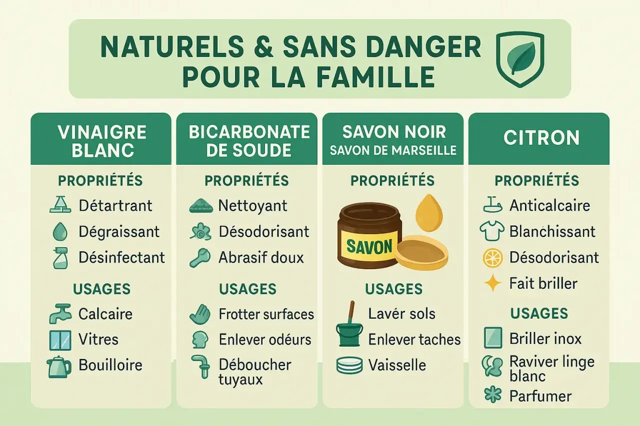 Tableau comparatif des produits ménagers naturels : vinaigre blanc, bicarbonate de soude, savon noir et citron. Idéal pour nettoyer jonc de mer vinaigre blanc.