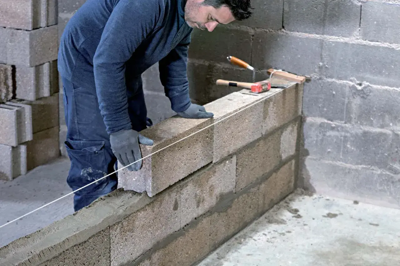 Un maçon pose une brique sur un mur en agglo, guidé par un fil à plomb. Outils de maçonnerie à proximité.