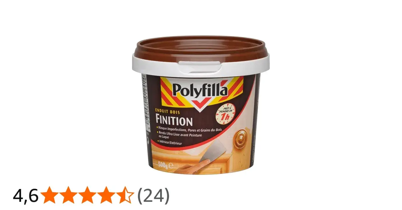 Pot d'enduit bois Polyfilla Finition. Idéal pour masquer imperfections et grains du bois avant ponçage et peinture. Quel grain pour poncer enduit finition ? Ce produit assure un rendu lisse.