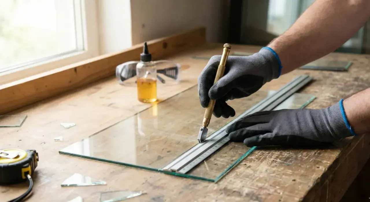 Mains gantées utilisant un coupe-verre pour découper une plaque de verre sur un établi.