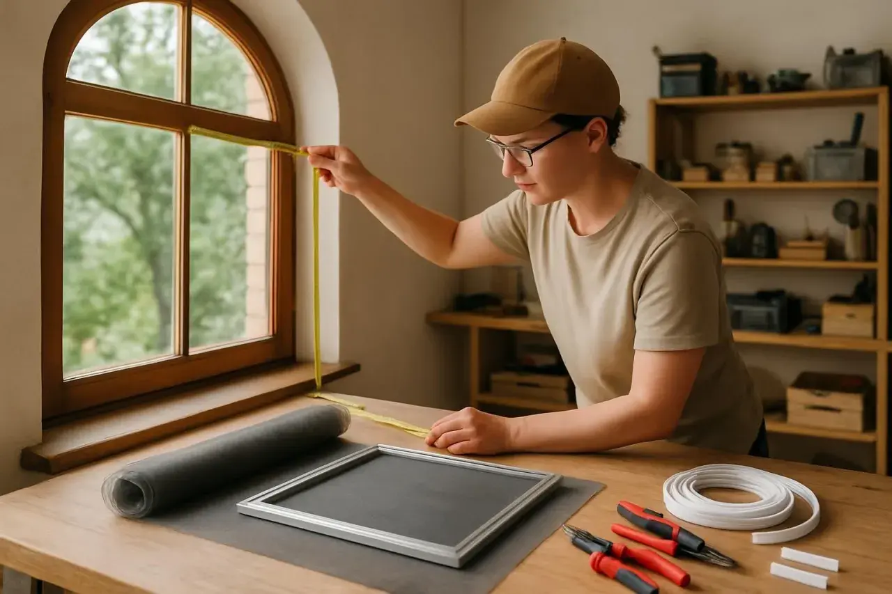 Préparation pour installer moustiquaire fenetre : mesure de la fenêtre, rouleau de moustiquaire, cadre, outils et joint.