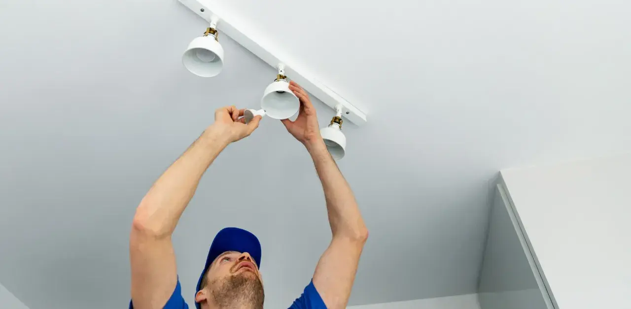 Un électricien installe des spots sur un rail. Il est important de savoir combien de spot par disjoncteur pour une installation sûre.