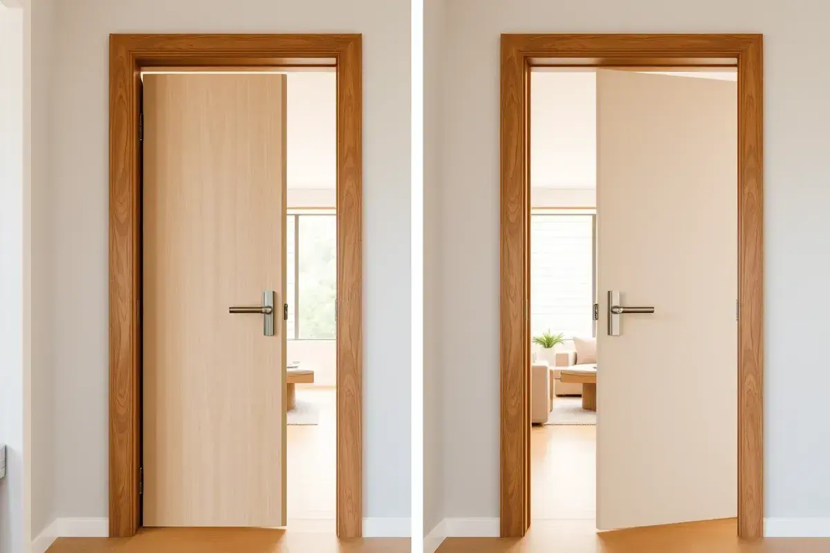 Deux portes en bois, l'une ouverte vers l'intérieur, l'autre vers l'extérieur, illustrant le sens d'ouverture des portes réglementation.