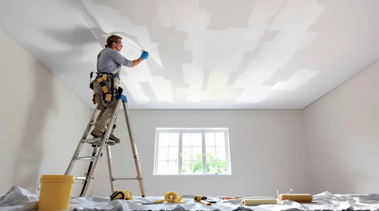 Un peintre sur une échelle pose une toile de verre au plafond.