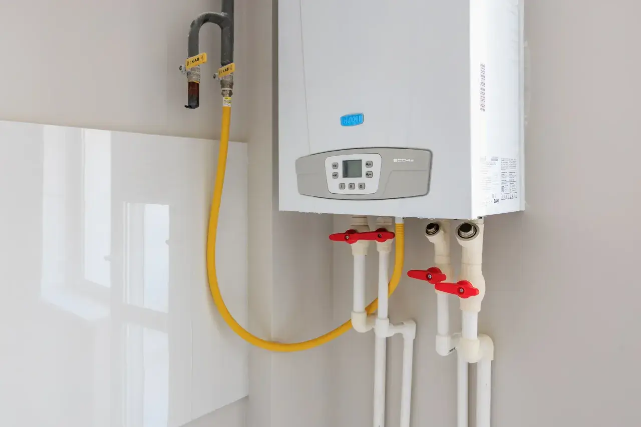 Chaudière Baxi ECO4s avec tuyauterie et vannes. Le disjoncteur chauffe-eau 16 ou 20 ampères est essentiel pour la sécurité.
