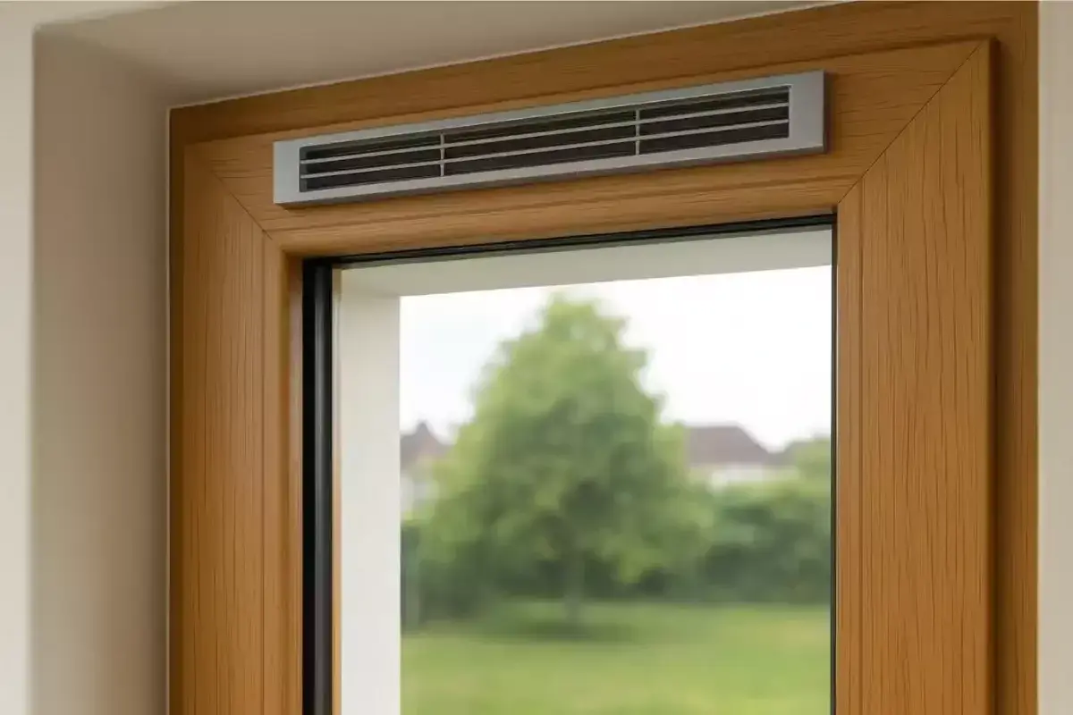 Grille d'aération discrète intégrée au cadre en bois d'une fenêtre, assurant une ventilation naturelle et constante.
