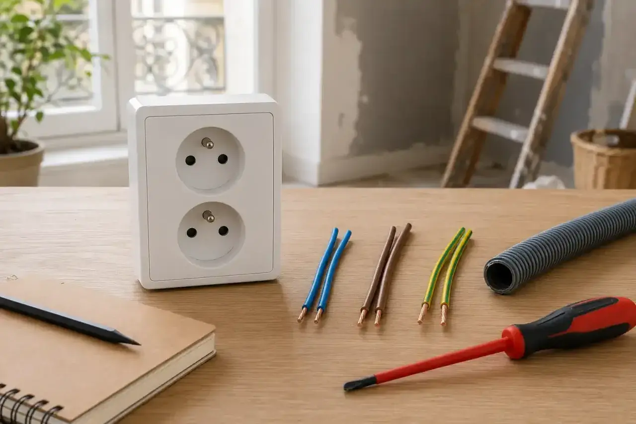 Double prise électrique blanche sur table en bois, fils électriques, tournevis, gaine et carnet. Idéal pour calculer combien de prise sur un disjoncteur 16a en 2.5.