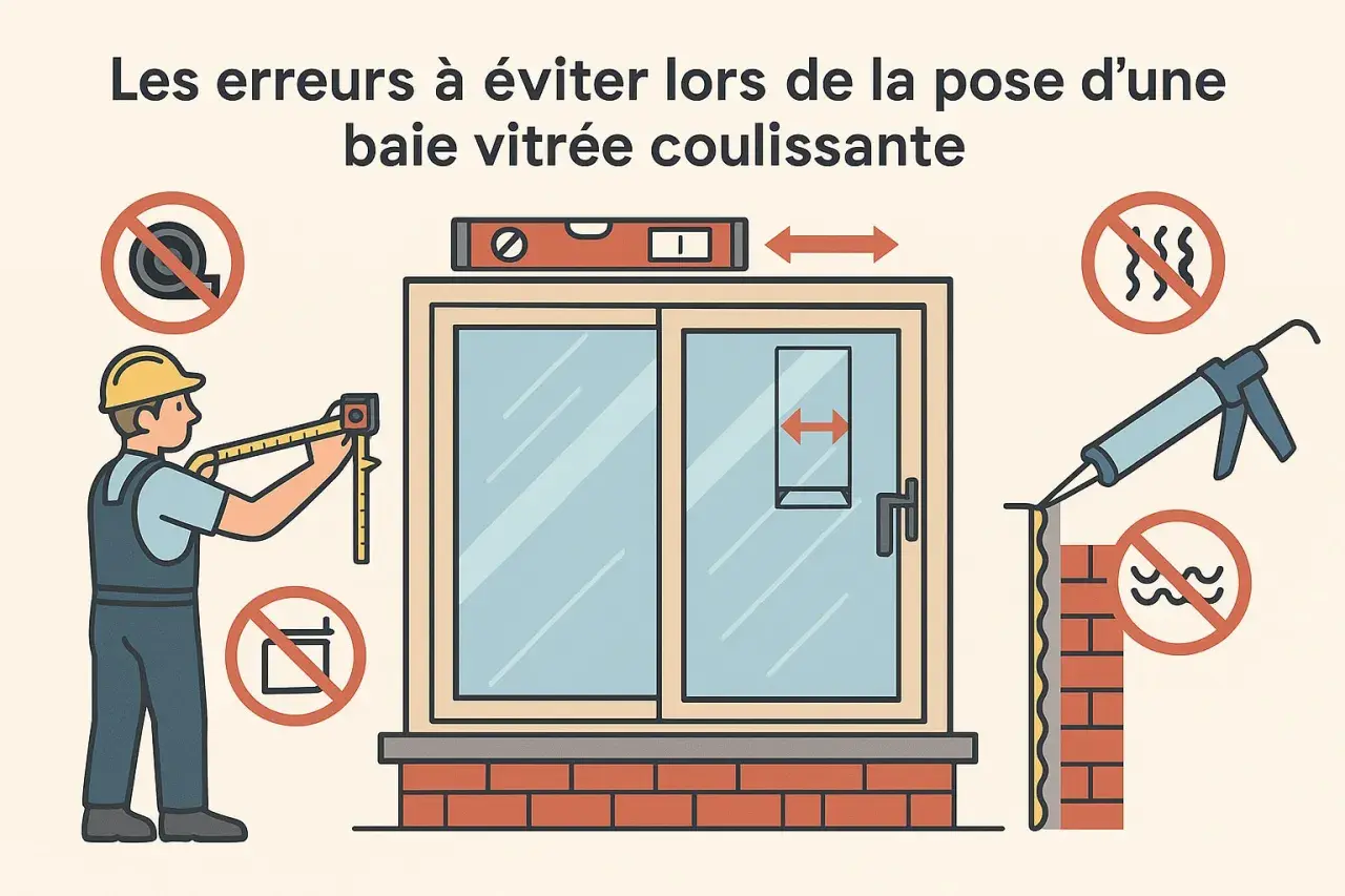 Un ouvrier mesure une baie vitrée coulissante. Des icônes indiquent les erreurs à éviter lors de la pose, comme l'utilisation d'un mètre ruban ou une mauvaise étanchéité.