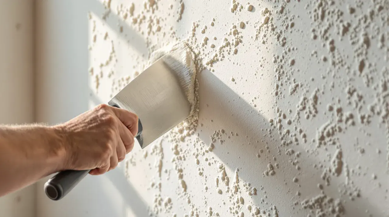 Main tenant enlever du crépi intérieur avec une spatule. La texture du mur est granuleuse et irrégulière.