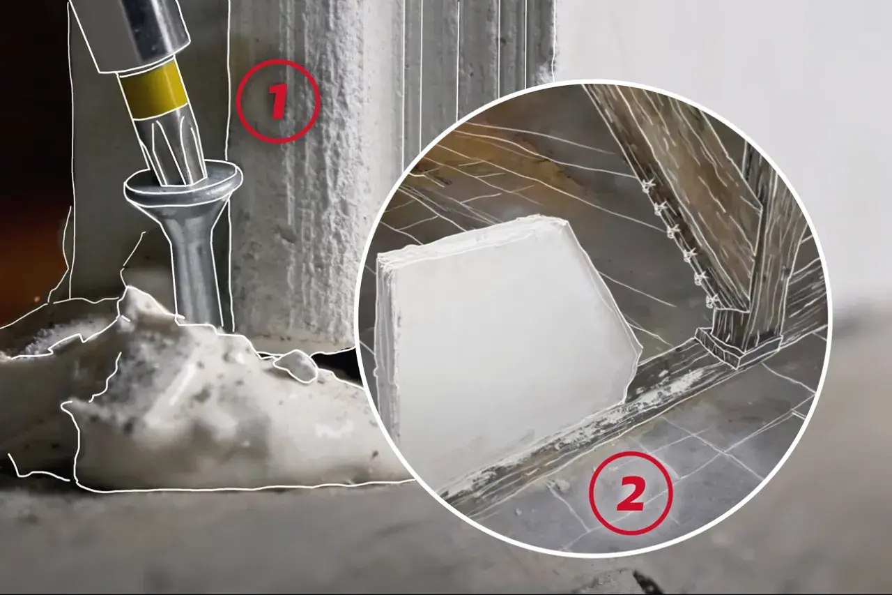 Visuel montrant une charge lourde sur carreau de plâtre, avec une vis s'enfonçant dans le matériau. Une seconde image montre une structure en bois.