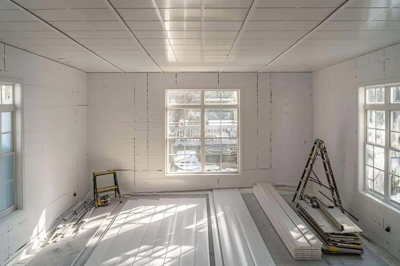 Pose lambris PVC plafond en cours dans une pièce lumineuse. Des panneaux blancs sont prêts à être installés.