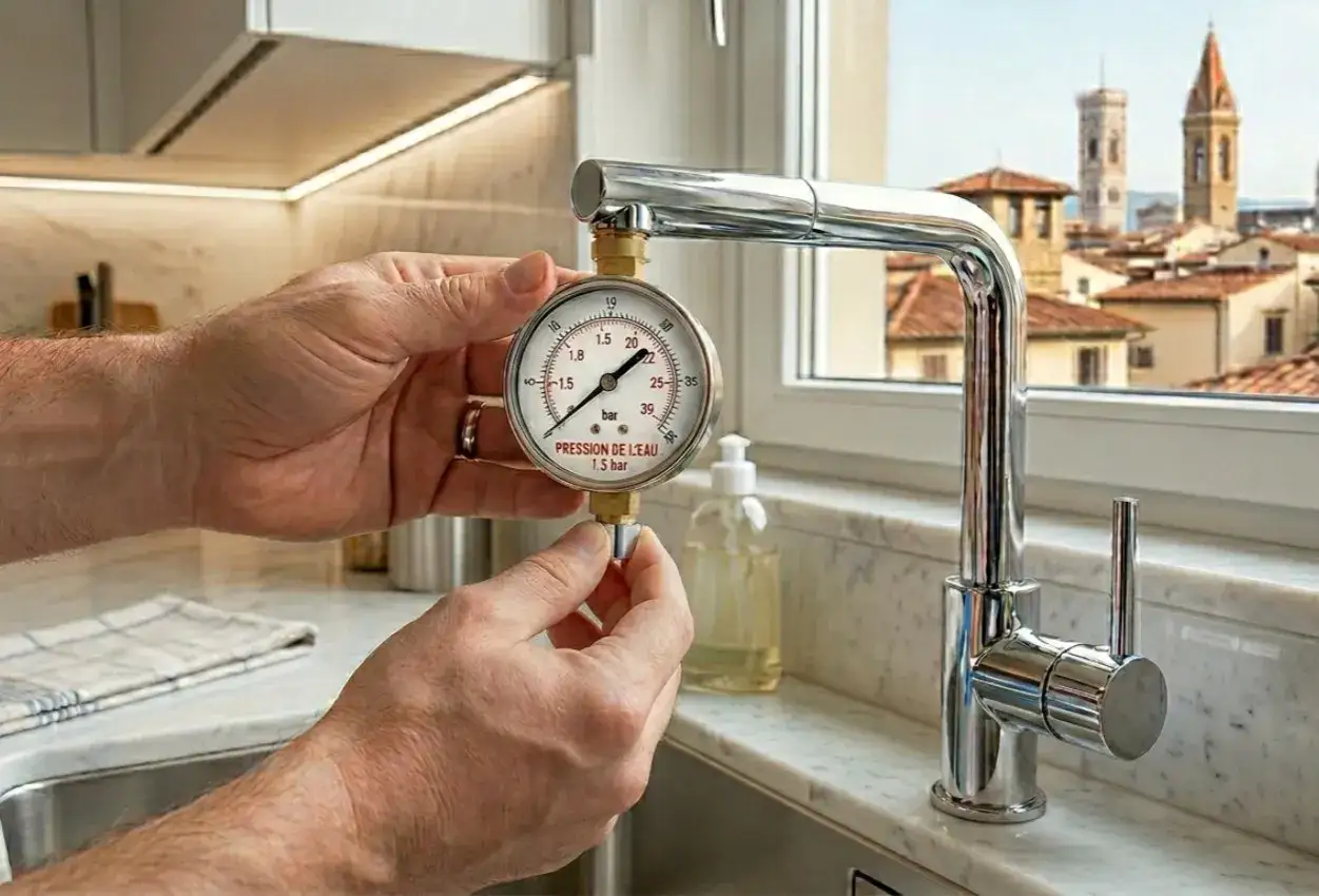 Main tenant vérifie la pression eau maison 4 bars avec un manomètre. La vue donne sur des toits italiens.
