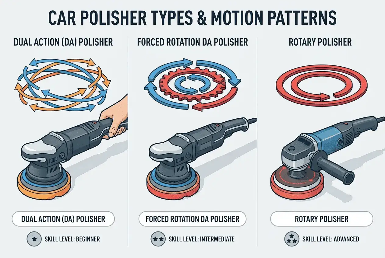 Comparaison de polisseuse rotative ou orbitale : Dual Action (DA), Forced Rotation DA et Rotary. Id&eacute;al pour choisir l'outil adapt&eacute; &agrave; votre niveau.
