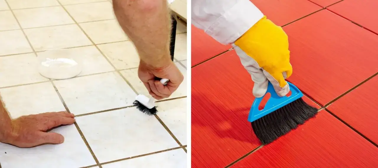 Nettoyer carrelage apr&egrave;s joint : une main frotte les joints d'un carrelage clair, tandis qu'une autre brosse un carrelage rouge vif.