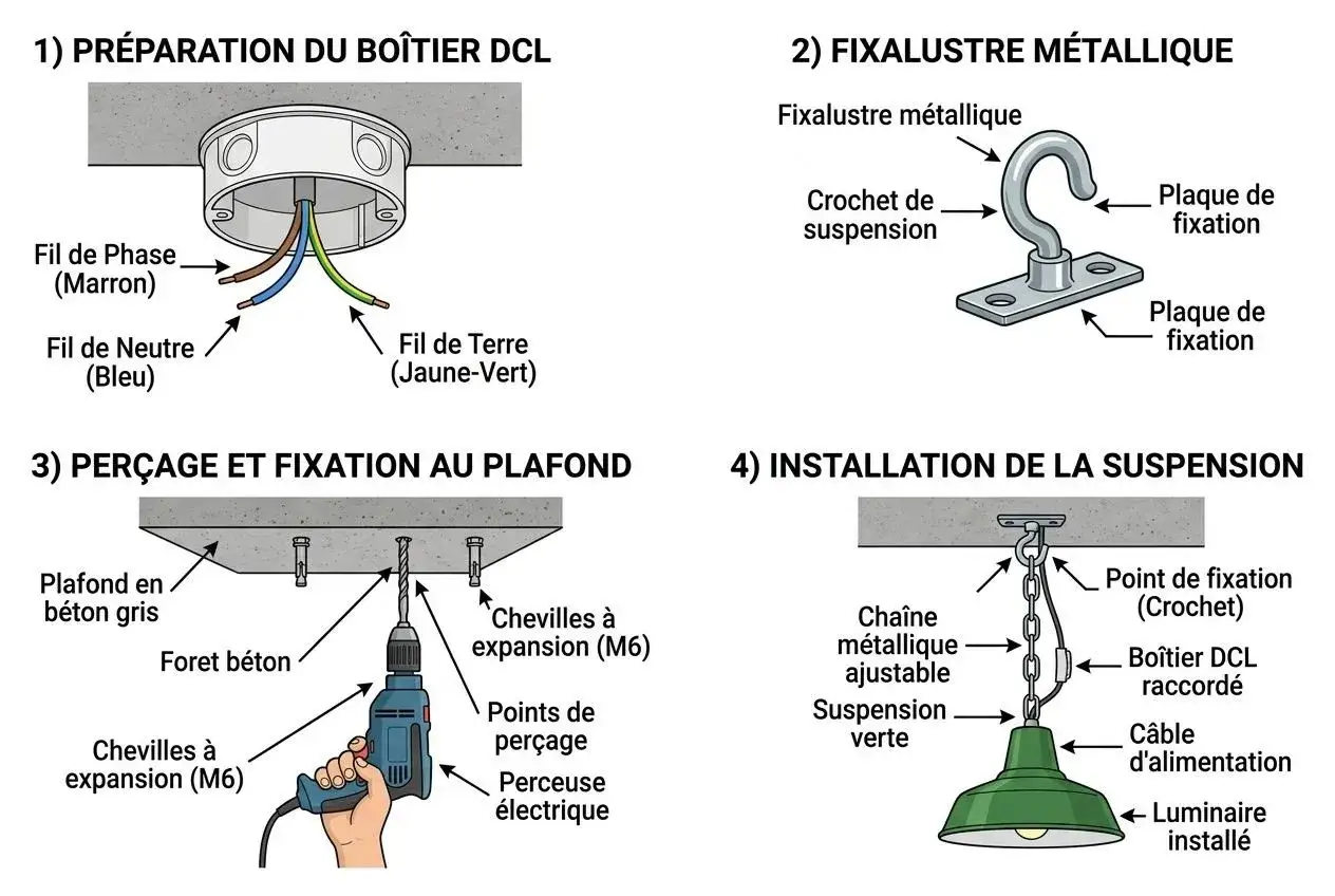 Sch&eacute;ma illustrant le branchement lampe plafond : pr&eacute;paration du bo&icirc;tier DCL, fixation du luminaire, per&ccedil;age et installation de la suspension.