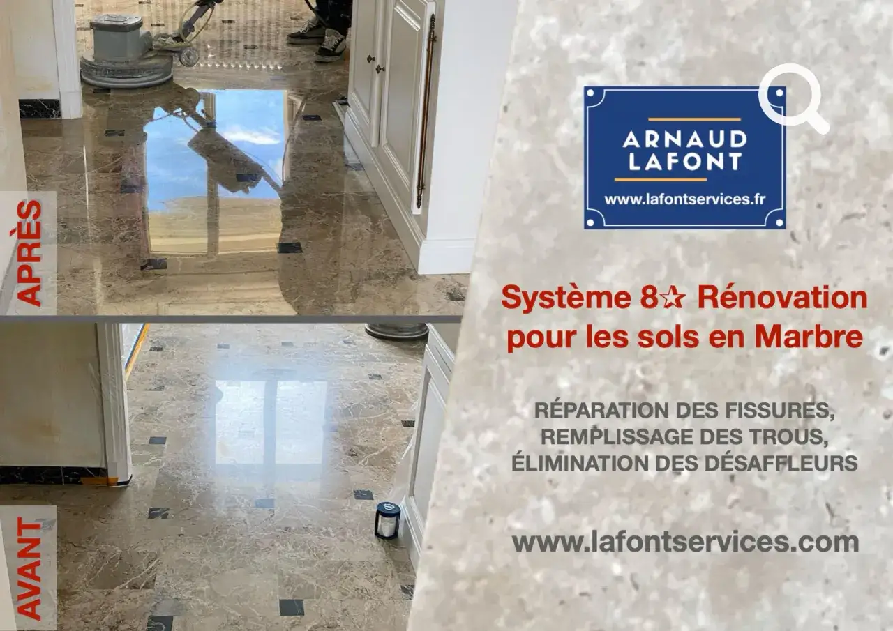 Avant/Apr&egrave;s d'une r&eacute;novation marbre spectaculaire. Le sol retrouve son &eacute;clat gr&acirc;ce &agrave; un polissage professionnel.