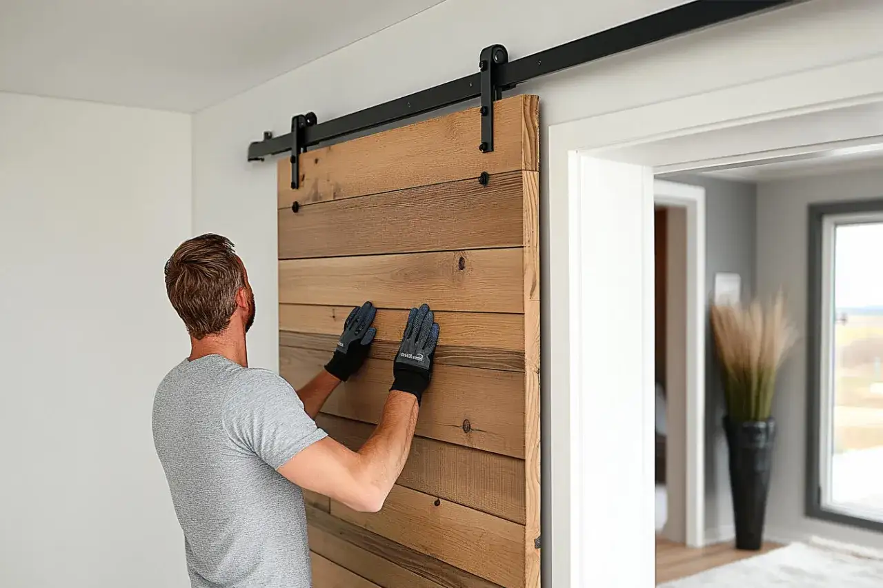 Un homme installe une porte coulissante en bois rustique. La pose en applique porte est en cours, le système de rail noir est visible.