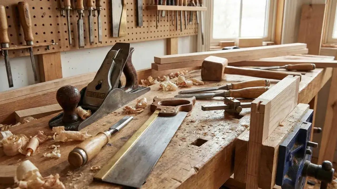 Un &eacute;tabli de menuisier avec un rabot, des ciseaux, une scie et des copeaux de bois. Un bel outil pour travailler le bois &agrave; la main.