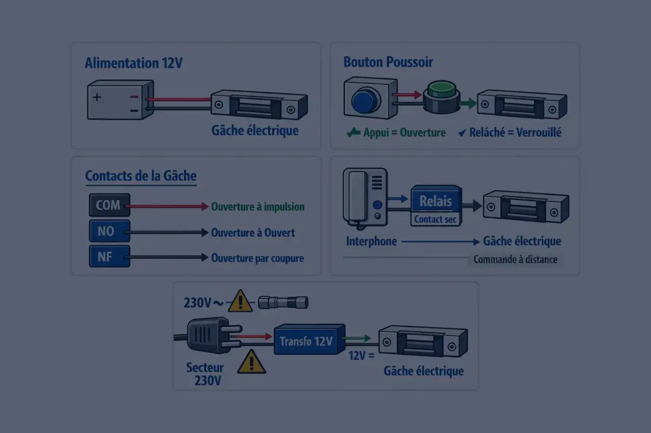 Sch&eacute;ma de branchement d'une g&acirc;che &eacute;lectrique 12V avec alimentation, bouton poussoir, interphone et contacts.