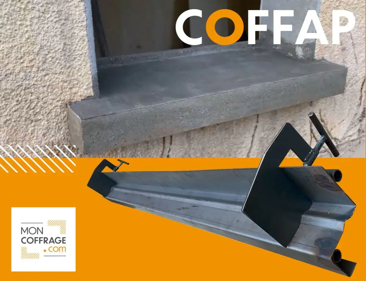 Plan coffrage appui de fenêtre en béton fraîchement coulé, avec l'outil de coffrage en premier plan.