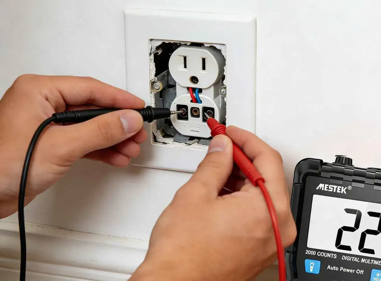 Mains &eacute;lectriques : mains utilisant un multim&egrave;tre pour reconna&icirc;tre phase et neutre sur une douille.