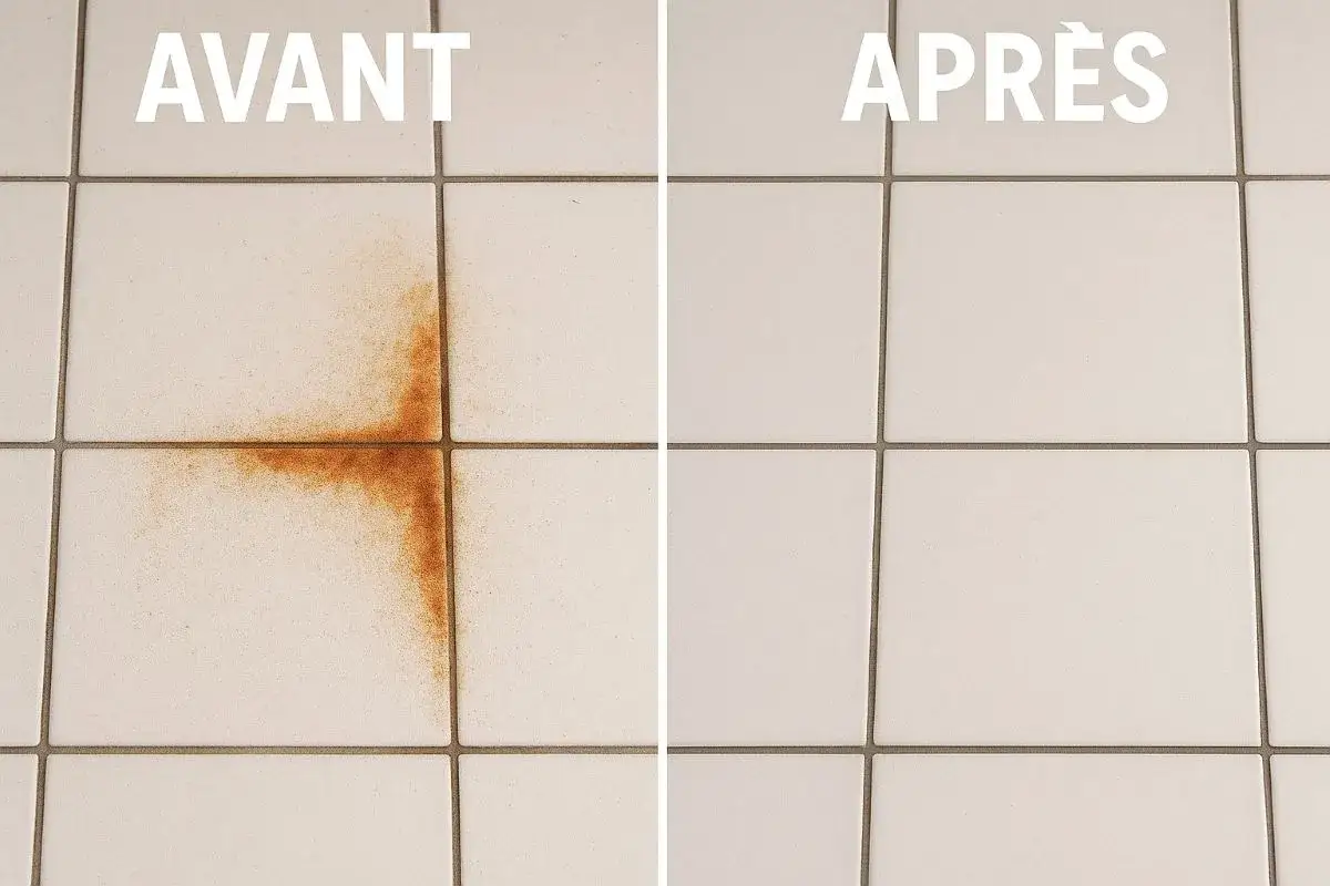 Avant/Après : démonstration de comment enlever de la rouille sur du carrelage blanc. La tache a disparu !
