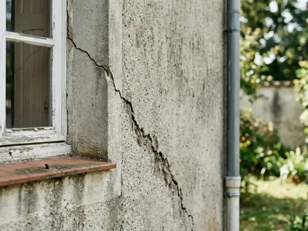Grosse fissure sur mur ext&eacute;rieur pr&egrave;s d'une fen&ecirc;tre, n&eacute;cessitant une r&eacute;paration. Le cr&eacute;pi est ab&icirc;m&eacute;.