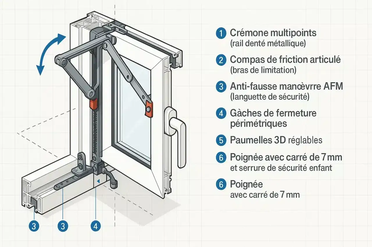 Schéma technique montrant le mécanisme d'une fenêtre oscillo-battant, utile pour démonter une fenêtre oscillo battant.