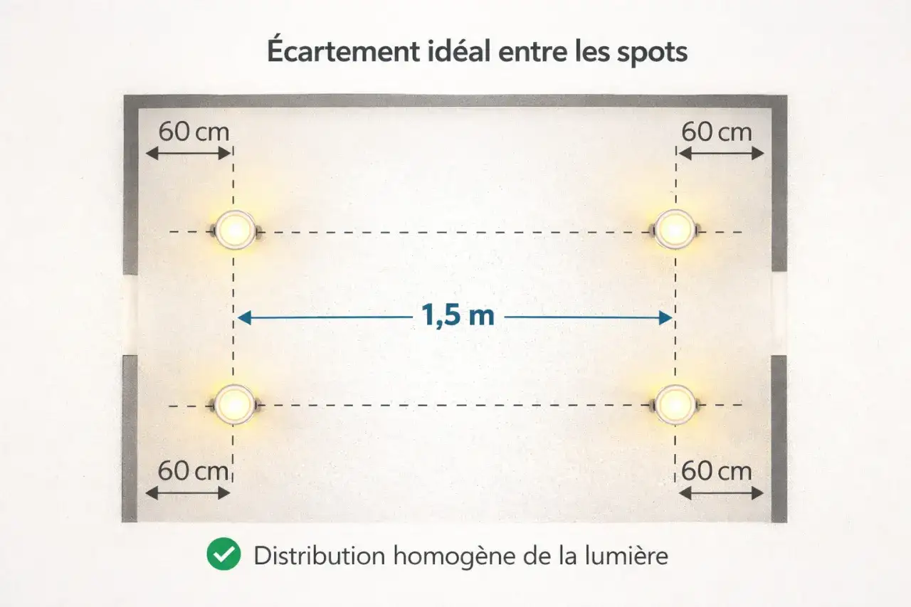 R&eacute;partition id&eacute;ale des spots : 60 cm des bords, 1,5 m entre eux pour une lumi&egrave;re homog&egrave;ne. Combien de spot par disjoncteur ? L'image montre 4 spots.