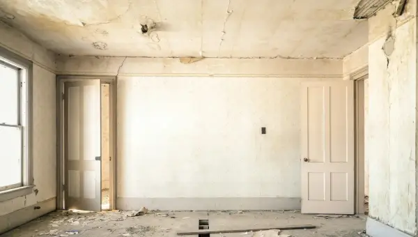 Intérieur d'une pièce abandonnée, papier peint décoloré, plafond avec des taches d'humidité et de la peinture écaillée, sol jonché de débris.