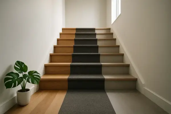 Un escalier moderne avec des marches en bois et un tapis en lino gris. Une plante verte décore le bas.