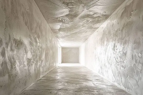 Couloir en cours de finition, les murs et le plafond montrent les traces de l'application de l'enduit. La lumière éclaire la perspective.