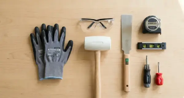 Une paire de gants, lunettes de protection, maillet, scie, mètre ruban, niveau à bulle et tournevis : des outils de base pour bricoler.