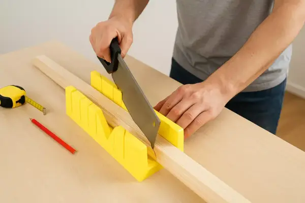 Main tenant une scie pour réaliser une coupe à onglet précise dans une pièce de bois. Un mètre ruban et un crayon sont à proximité.